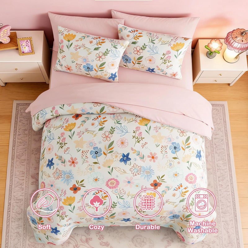 Kaleido Space Twin Comforter Set for Girls Kids - 5 Pieces Pastel Garden Patterns Twin Bedding Sets for Girls Teen, Soft Cozy Bed in A Bag with Sheets - Image 4