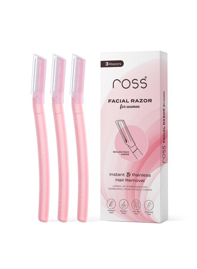 ROSS Facial Razor For Women ; Sealed Pack ; Instant & Pain Free Hair Removal ; Eyebrows Upper Lip Forehead Peach Fuzz Chin Sideburns (Pack Of 3) - Image 1