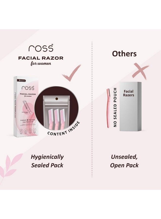 ROSS Facial Razor For Women ; Sealed Pack ; Instant & Pain Free Hair Removal ; Eyebrows Upper Lip Forehead Peach Fuzz Chin Sideburns (Pack Of 3) - Image 3