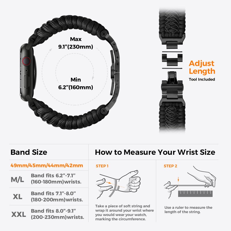 Tefeca Titan Series Paracord Band Compatible with Apple Watch 49mm 45mm 44mm 42mm, Ultra/Ultra2 Series 9/8/SE2/7/6/SE/5/4/3/2/1 (Black,M/L for 49/45/44/42mm) - Image 5