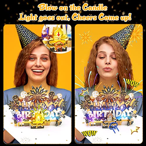 BYKOOO Birthday Card | Musical Pop Up Birthday Cards w Light | Blow Out LED Light Candle & Play Happy Birthday Music Pop Up Card | Greeting Cards Gifts for Him or Her | Black Gold (Blowable Candle) - Image 3