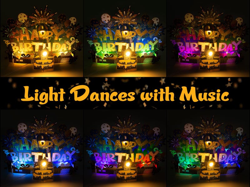 BYKOOO Birthday Card | Musical Pop Up Birthday Cards w Light | Blow Out LED Light Candle & Play Happy Birthday Music Pop Up Card | Greeting Cards Gifts for Him or Her | Black Gold (Blowable Candle) - Image 4