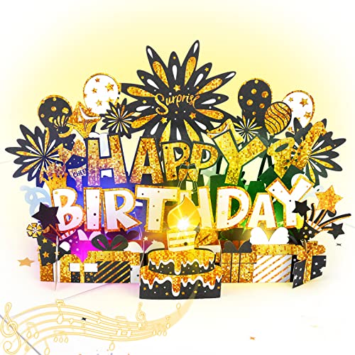 BYKOOO Birthday Card | Musical Pop Up Birthday Cards w Light | Blow Out LED Light Candle & Play Happy Birthday Music Pop Up Card | Greeting Cards Gifts for Him or Her | Black Gold (Blowable Candle) - Image 2
