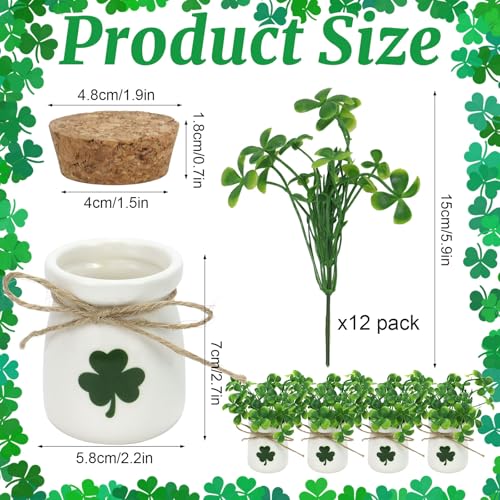 ISTOOLL St Patricks Day Decorations-4pcs St.Patrick's Day Ceramic Mini Jars with 12Pcs Artificial Shamrock -Mini Jar for St Patricks Day Home Kitchen Table, Tiered Tray Decoration - Image 2