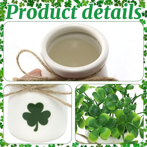 ISTOOLL St Patricks Day Decorations-4pcs St.Patrick's Day Ceramic Mini Jars with 12Pcs Artificial Shamrock -Mini Jar for St Patricks Day Home Kitchen Table, Tiered Tray Decoration - Image 3