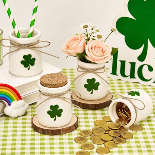 ISTOOLL St Patricks Day Decorations-4pcs St.Patrick's Day Ceramic Mini Jars with 12Pcs Artificial Shamrock -Mini Jar for St Patricks Day Home Kitchen Table, Tiered Tray Decoration - Image 5