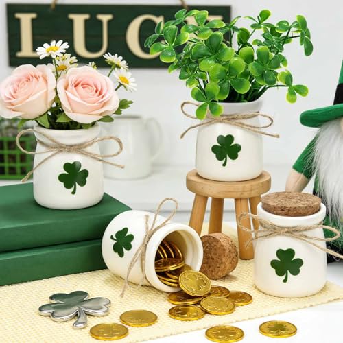 ISTOOLL St Patricks Day Decorations-4pcs St.Patrick's Day Ceramic Mini Jars with 12Pcs Artificial Shamrock -Mini Jar for St Patricks Day Home Kitchen Table, Tiered Tray Decoration - Image 1