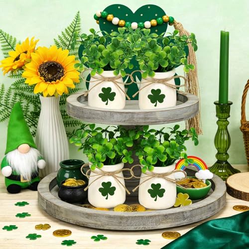 ISTOOLL St Patricks Day Decorations-4pcs St.Patrick's Day Ceramic Mini Jars with 12Pcs Artificial Shamrock -Mini Jar for St Patricks Day Home Kitchen Table, Tiered Tray Decoration - Image 4