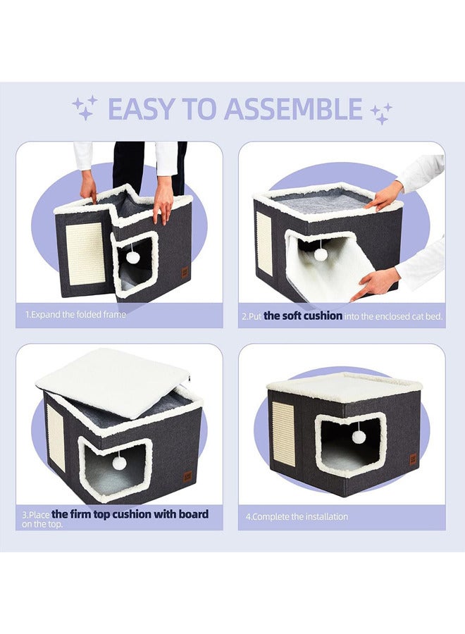 Neostyle Multifunction Cat House,Large Pet Play House with Fluffy Ball Hanging,Scratch Pad(Corner opening, grey) - Image 3