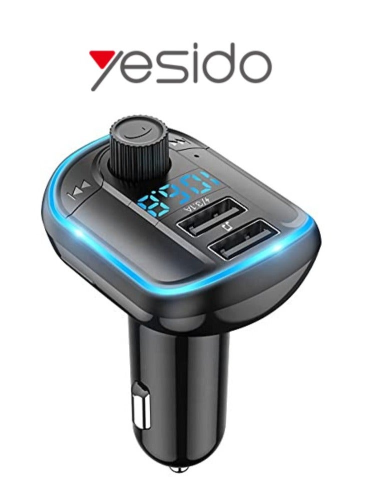 Yesido Y44 Bluetooth V5.0 FM Transmitter 3.1A Dual USB Car Charger RGB Backlit Light LED Digital Display Wireless Radio Adapter HiFi Music Play Car Kit with Mic Hands Free Calls - Image 1