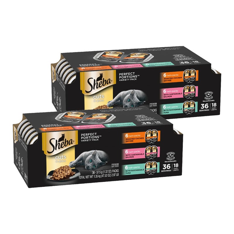 Sheba Perfect Portions Wet Cat Food Cuts in Gravy, Roasted Chicken Entree, with Sustainable Salmon, and with Sustainable Tuna, 2.6 oz. Twin-Pack Trays (18 Count, 36 Servings) (Pack of 2) - Image 1