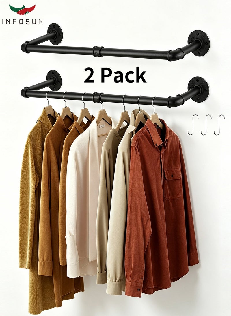 INFOSUN Clothes Rack Wall Mounted, 2 Pack Heavy Duty Iron Garment Bar with 3 S-Shaped Hooks, Industrial Pipe Garment Rack Detachable Adjustable 92 CM Long - Image 1