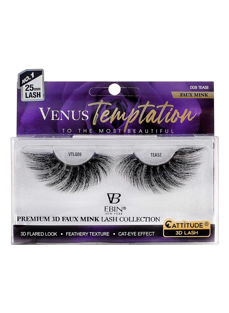 EBIN NEW YORK CATTITUDE 3D LASHES Venus Temptation | 25mm wing style | Faux Mink Lashes | 3D flared look | Feathery texture | Cat-eye effect - TEASE 