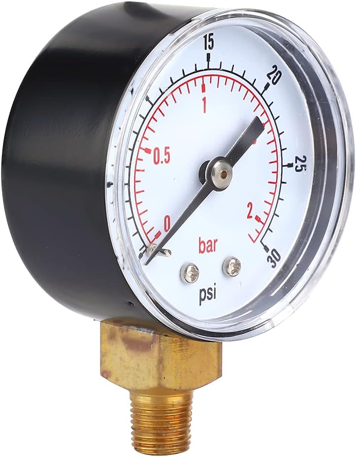 Tyenaza Pressure Gauge, Glycerin Filled Pressure Gauge, Air Pressure Gauge with Brass, Oil Pressure Gauge with 50mm Dial 1/8 BSPT Bottom Connection for Air Water Oil Gas(0-30psi 0-2bar) - Image 2