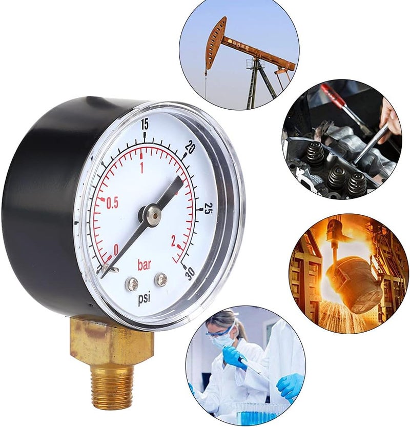 Tyenaza Pressure Gauge, Glycerin Filled Pressure Gauge, Air Pressure Gauge with Brass, Oil Pressure Gauge with 50mm Dial 1/8 BSPT Bottom Connection for Air Water Oil Gas(0-30psi 0-2bar) - Image 3