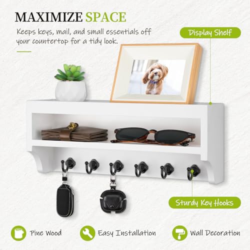 Nekon Key Holder Wall Mount, 12.8" W x 5.6" H x 3.7" D Wall Mounted Key and Mail Organizer with 6 Key Hooks, Key Racks for Home Entryway Decor (White) - Image 2