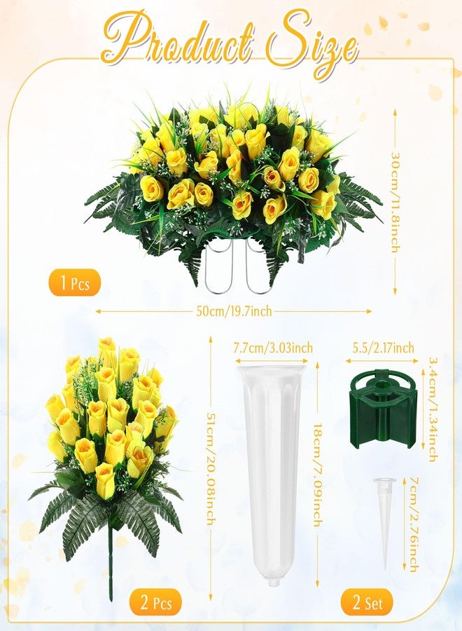 XunYee 3 Pcs Artificial Cemetery Flower Set Cemetery Flowers Saddle Flowers Rose Bouquets with Vase 1 Saddle and 2 Memorial Bouquets for Outdoor Headstone Decor Grave(Yellow) - Image 2