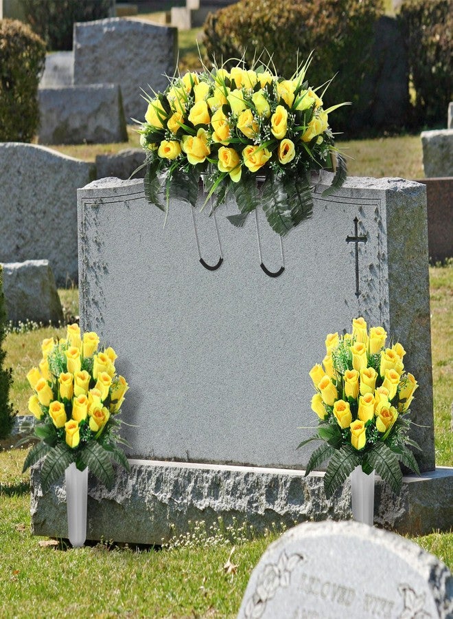 XunYee 3 Pcs Artificial Cemetery Flower Set Cemetery Flowers Saddle Flowers Rose Bouquets with Vase 1 Saddle and 2 Memorial Bouquets for Outdoor Headstone Decor Grave(Yellow) - Image 5