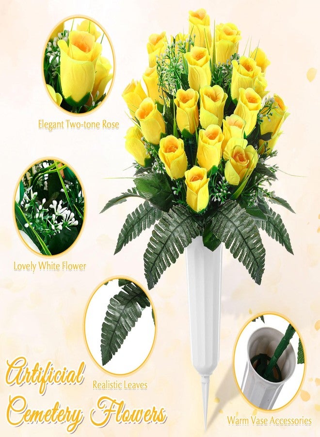 XunYee 3 Pcs Artificial Cemetery Flower Set Cemetery Flowers Saddle Flowers Rose Bouquets with Vase 1 Saddle and 2 Memorial Bouquets for Outdoor Headstone Decor Grave(Yellow) - Image 4