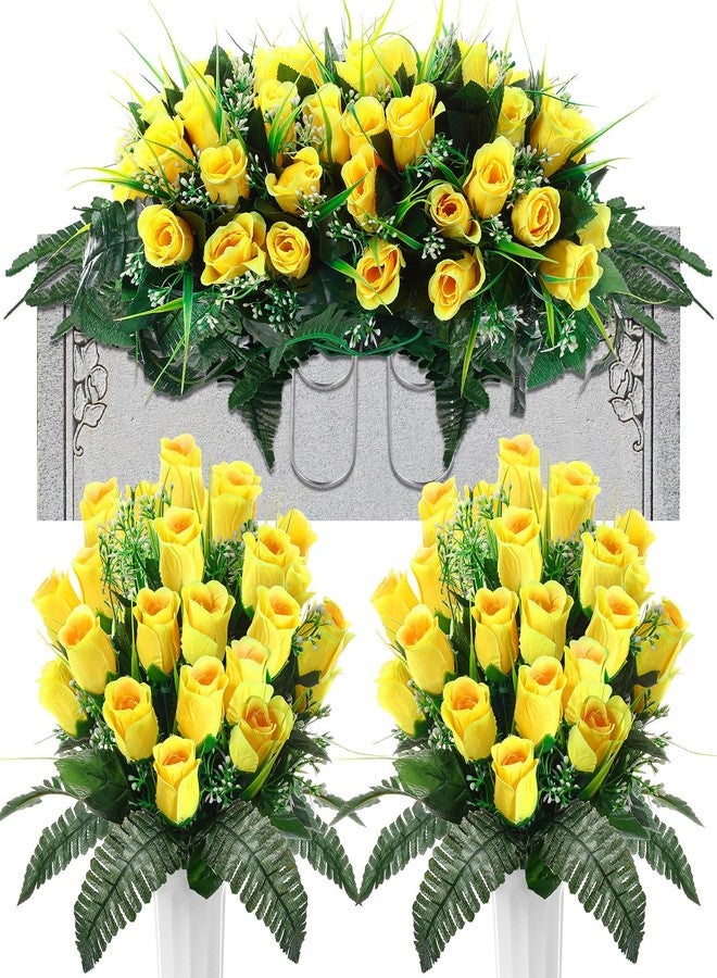 XunYee 3 Pcs Artificial Cemetery Flower Set Cemetery Flowers Saddle Flowers Rose Bouquets with Vase 1 Saddle and 2 Memorial Bouquets for Outdoor Headstone Decor Grave(Yellow) - Image 1