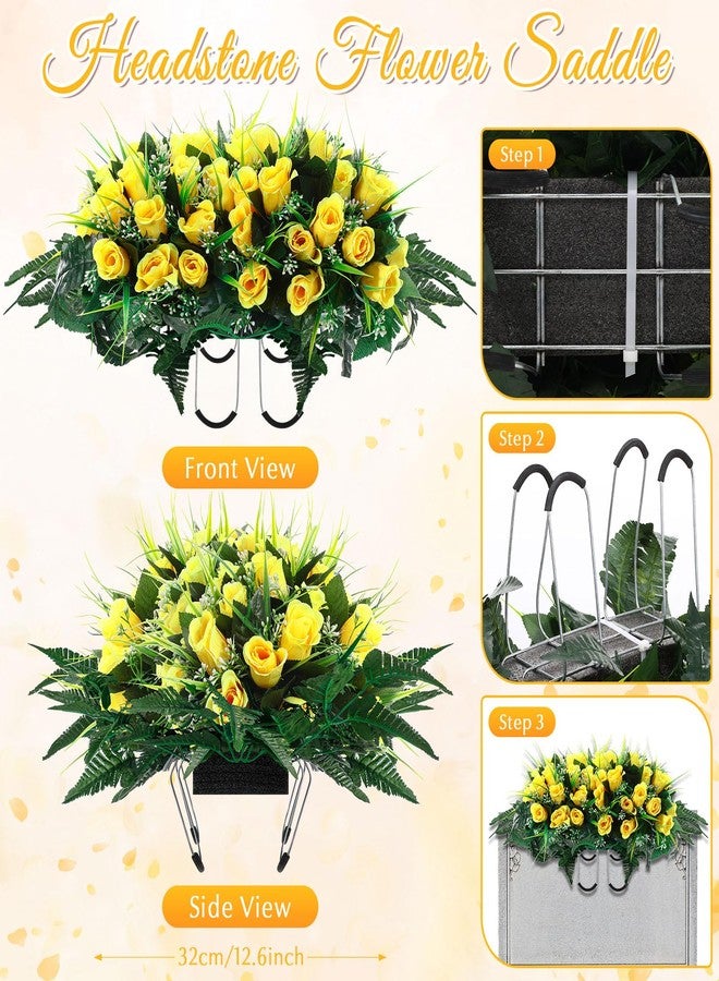 XunYee 3 Pcs Artificial Cemetery Flower Set Cemetery Flowers Saddle Flowers Rose Bouquets with Vase 1 Saddle and 2 Memorial Bouquets for Outdoor Headstone Decor Grave(Yellow) - Image 3