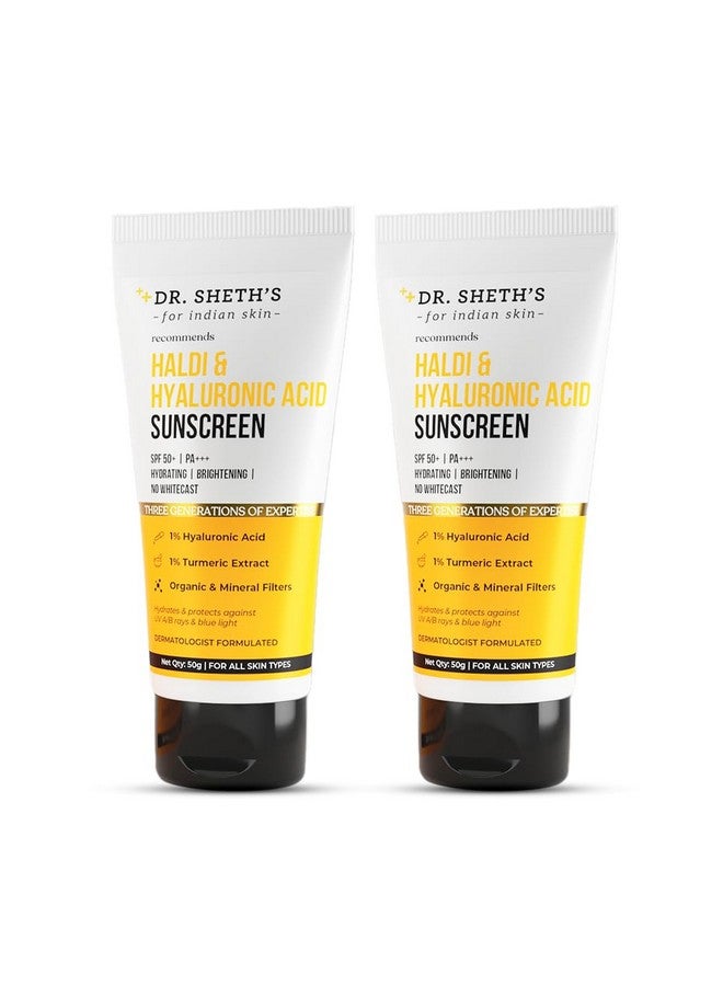 Dr. Sheth's Haldi & Hyaluronic Acid Sunscreen Spf 50+ Pa+++ 1% Hyaluronic Acid & Turmeric Extract Hydrating Normal To Dry Skin Protects Against Uvauvb Women & Men Pack Of 2 100G - Image 1