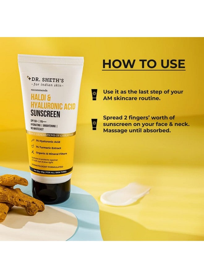 Dr. Sheth's Haldi & Hyaluronic Acid Sunscreen Spf 50+ Pa+++ 1% Hyaluronic Acid & Turmeric Extract Hydrating Normal To Dry Skin Protects Against Uvauvb Women & Men Pack Of 2 100G - Image 3