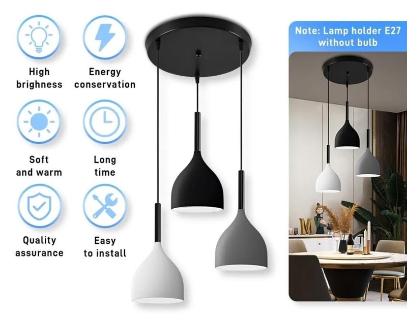 LEGEEN 3-Light Round Cluster 12W Hanging Pendant Celing Chandelier Decorative Diwali Light Lamp for-Bedroom Living Room Cafe Hotel Resturent Indoor Lighting Lamp Colour Grey, White, Black - Image 5