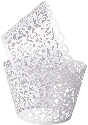 100 PCS Cupcake Wrappers Cupcake Cases Artistic Bake Cake Paper Cups Lace Filigree Cupcake Liners Laser Cut Cupcake Muffin Cups for Wedding Party Birthday Decoration White