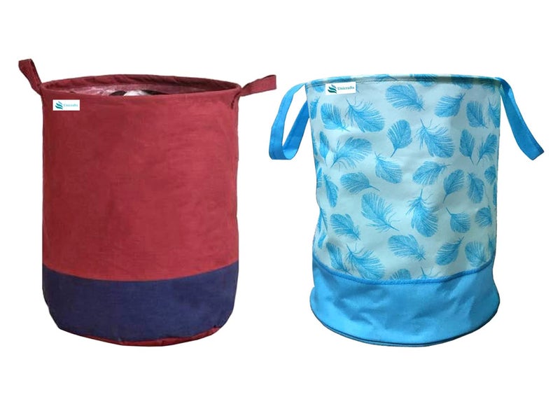 Unicrafts Laundry Bag 45 L Durable and Collapsible Laundry storage Bag with Handles Clothes Toys Storage Foldable Laundry Bag for Dirty Clothes Combo Pack of 2 Pc 1 Maroon 1 Leaf Design Blue