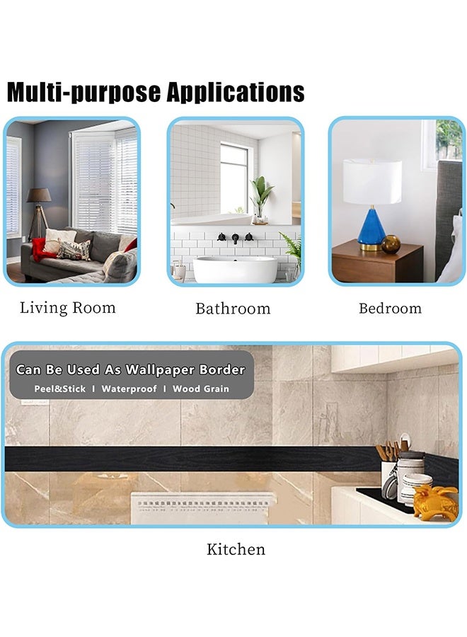 10M Black Wood Grain Removable PVC Waterproof Border Wall Decor Removable Self Adhesive Kitchen Bathroom Tiles Sticker Wallpaper (Black) - Image 5