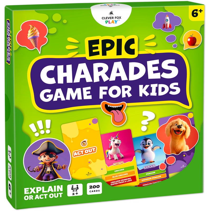 Clever Fox Play Epic Charades Game for Kids Ages 6+ â€“ 200 Act Out & Explain Cards with Illustrations & Timer â€“ Fun Educational Games for Kids 8-12 for Family, Party, Classroom & Travel - Image 1