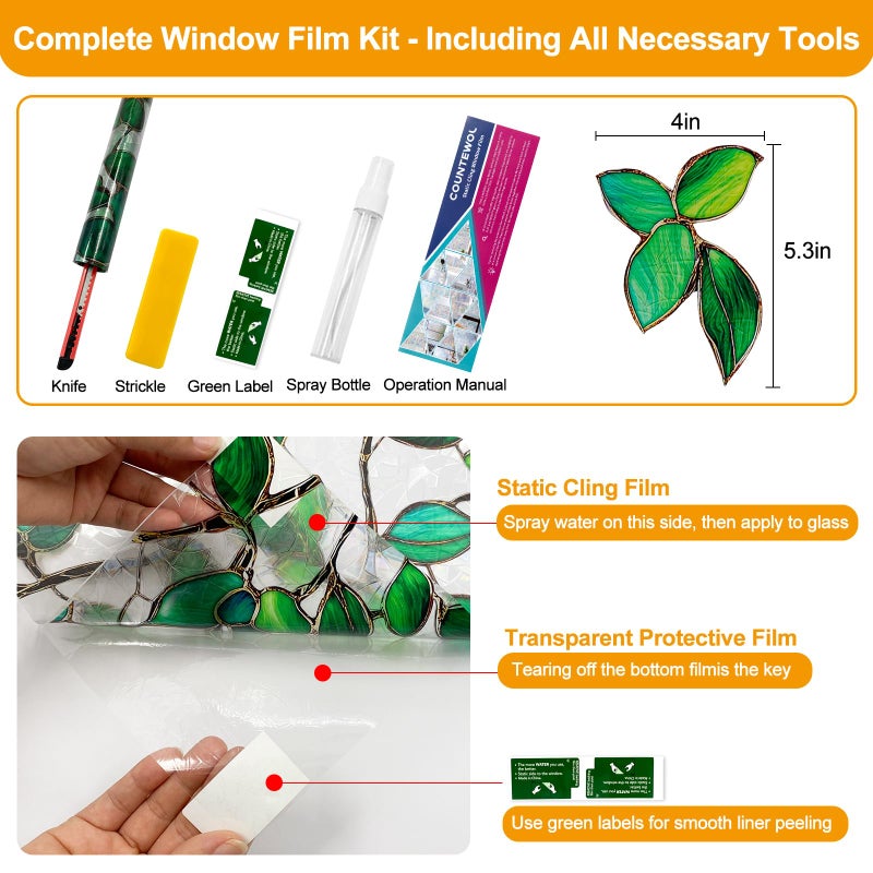 COUNTEWOL Window Privacy Film with Installation Tools Home Decorative Colored Glass Window Stickers Reusable electrostatic Rainbow Stickers (Greenery Leaf, 17.5 x 157.4 in) - Image 2