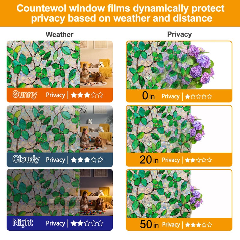 COUNTEWOL Window Privacy Film with Installation Tools Home Decorative Colored Glass Window Stickers Reusable electrostatic Rainbow Stickers (Greenery Leaf, 17.5 x 157.4 in) - Image 4