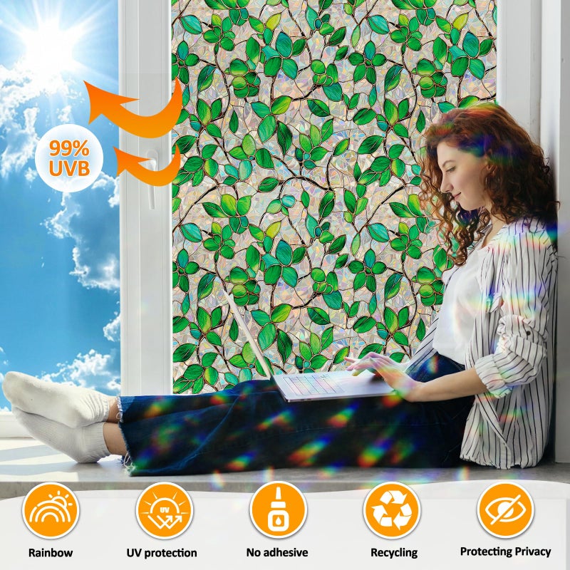COUNTEWOL Window Privacy Film with Installation Tools Home Decorative Colored Glass Window Stickers Reusable electrostatic Rainbow Stickers (Greenery Leaf, 17.5 x 157.4 in) - Image 3