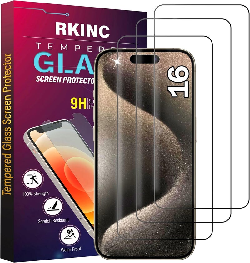 ريكنك واقي شاشة RKINC [3 عبوات] لهاتف iPhone 16، فيلم زجاج مقوى لواقي الشاشة، 0.33 مم [مضاد للخدش][مضاد للكسر][خالٍ من الفقاعات] - Image 1