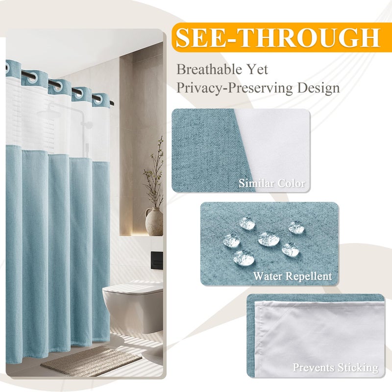 Jowels Linen No Hook Shower Square و Liner Blue No Hooks Surtain Stain Set Top See من خلال ستارة الدش مع Snap in Liner Hotel Startains No Hook Resistant Fabric 72x72 - Image 4