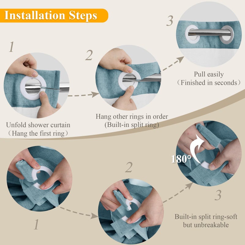 Jowels Linen No Hook Shower Square و Liner Blue No Hooks Surtain Stain Set Top See من خلال ستارة الدش مع Snap in Liner Hotel Startains No Hook Resistant Fabric 72x72 - Image 2