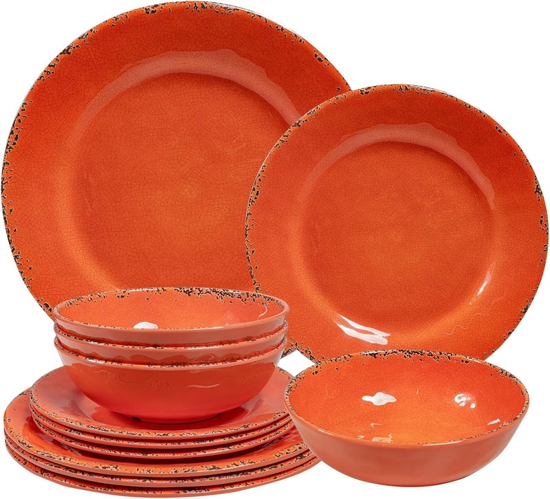 ZAROCRUS Rustic Melamine Dinnerware Sets Farmhouse Dishes Set for 4 Lightweight 12 Piece Kitchen Plates and Bowls Set for Indoor and Outdoor Use Dishwasher Safe Orange - Image 1