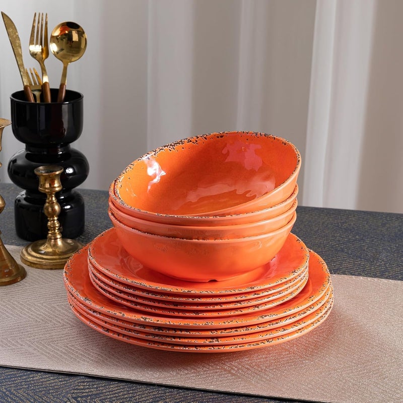ZAROCRUS Rustic Melamine Dinnerware Sets Farmhouse Dishes Set for 4 Lightweight 12 Piece Kitchen Plates and Bowls Set for Indoor and Outdoor Use Dishwasher Safe Orange - Image 5