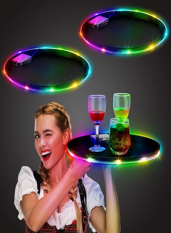 Tiangrid 2 Pcs 14 Inch LED Light up Serving Tray No Slip Multicolor Flashing Black Plastic Round Bar Serving Tray for Restaurants Bars Clubs Cocktail Night Party - Image 1