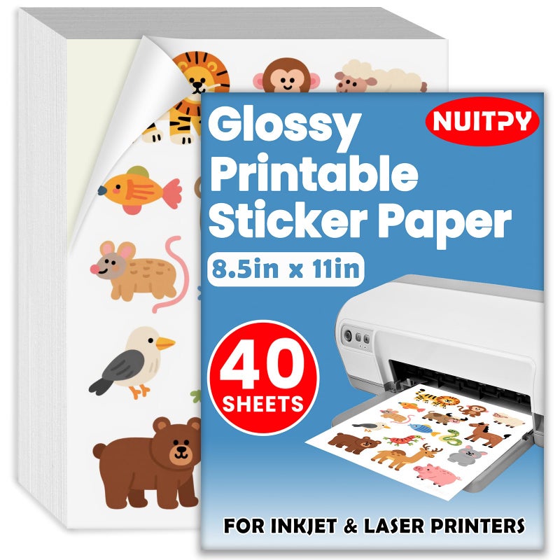 NUITPY 40 Sheets Glossy Sticker Paper, 8.5in x 11in Sticker Paper for Inkjet & Laser Printer, Self-adhesive Printable Sticker Papers, Vibrant Colors, Dries Quickly, US Letter Size - Image 1