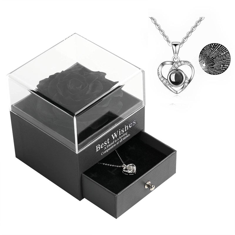 Skalago مجموعة هدية وردة حقيقية محفوظة مع قلادة قلب أحبك بـ 100 لغة مصنوعة يدويًا وردة حقيقية مسحورة ليوم عيد الحب ذكرى الزواج عيد الميلاد هدايا رومانسية لها باللون الأسود