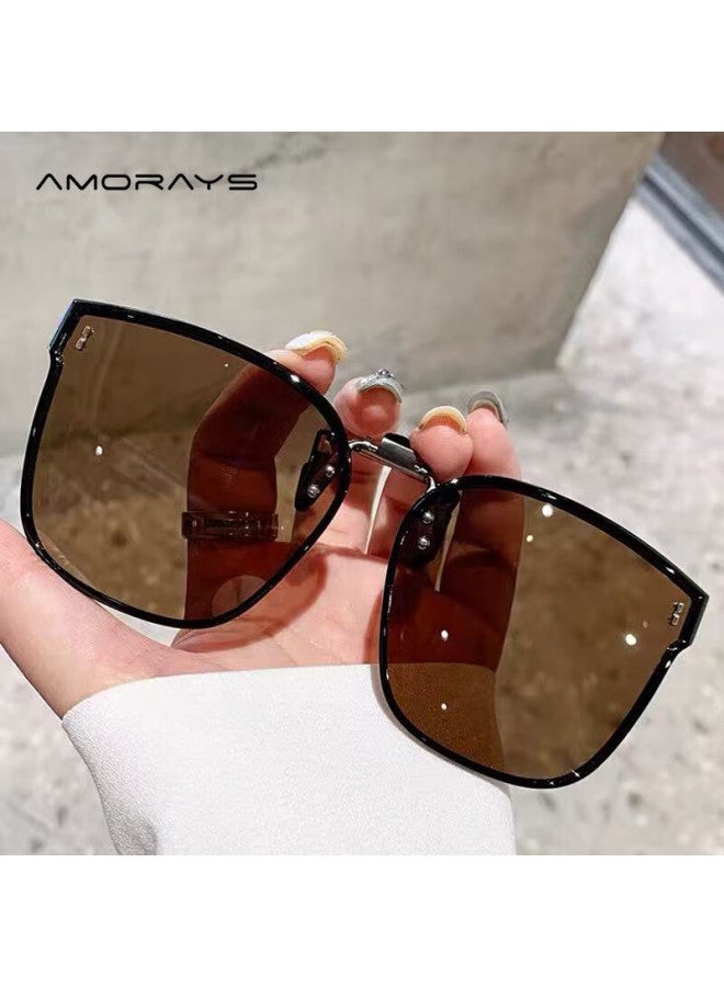 Amorays Polarized Sungl Clip-ons For Nearsighted Gl, Ultra-light Sungl For Men And Women, Driving Uv Protection, Black Tea Color