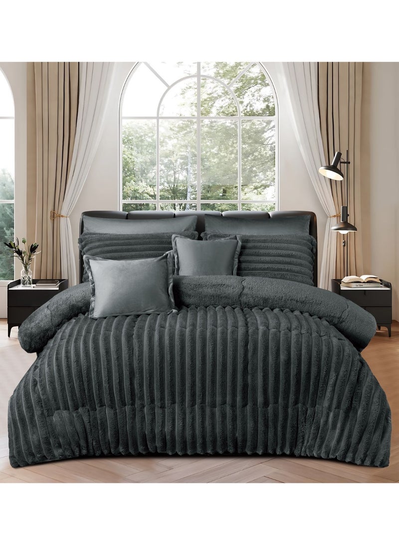 مينج لي مفرش شتوي فرو فاخر نفرين – طقم سرير 8 قطع بتصميم هندسي ناعم مقاس كبير 230×250 سم - Image 1