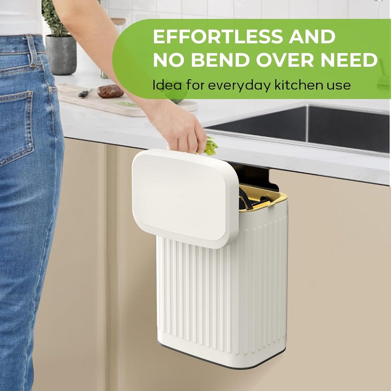 GLODEALS Kitchen Hanging Trash Can with Lid, 2.1 Gallon Stainless Steel Trash Can Compost Bin, Wall-Mount Indoor Kitchen Trash Bin for Cabinet, Under Sink, Bathroom (2.1 Gallon, 8L Ivory White) - Image 2