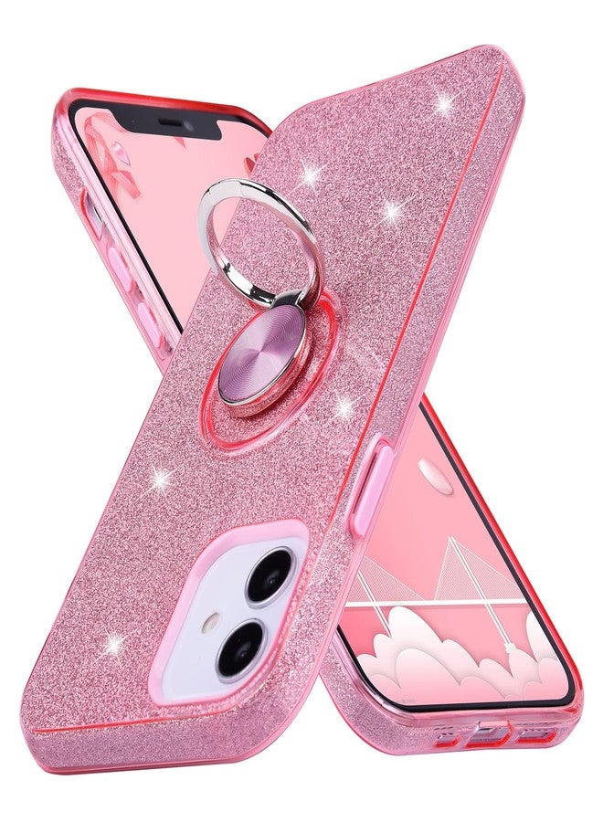 Wisdompro Case for iPhone 12 Mini, Cute Glitter Bling Sparkle Protective Case with Ring Kickstand, Women Girls Phone Case for 5.4 Inch Apple iPhone 12 Mini - Pink - Image 1