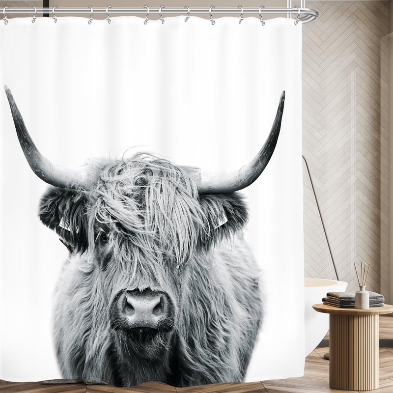 AMBZEK Western Cow Shower Curtain 72Wx72H Inch Bull Highland Cow Portrait Primitive Farm Bathroom Accessories Farmhouse Cattle Animal Wildlife Funny White Art Fabric Bathroom Decor Set with 12 Hooks