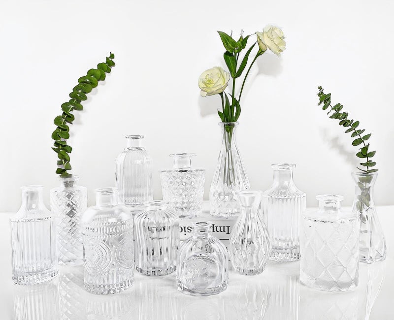 TBWIND Glass Bud Vases Set of 12 Small Vases for Centerpieces Vintage Mini Vases for Wedding Decor Clear Glass Bud Vase in Bulk Office and Home Table Flower Dcor