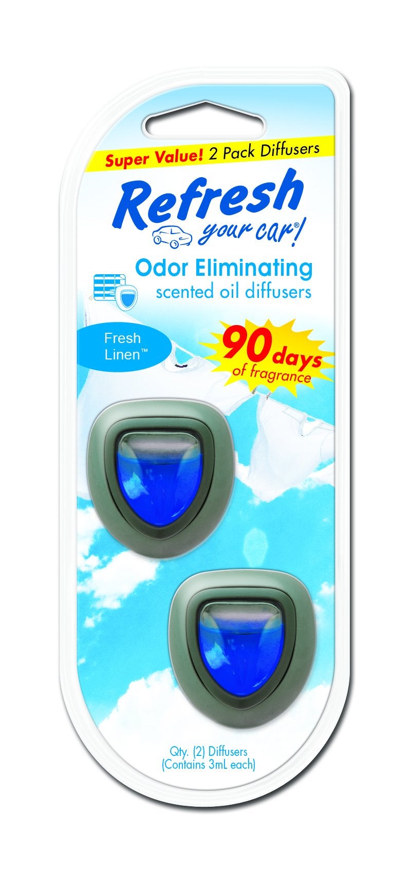 RefreshYourCar Car Air Freshener Odor Eliminator Set of 2 Mini Car Oil Diffusers Fresh Linen Scent Refresh Your Car